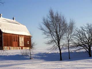 Typical Red Barn in Rural Wisconsin in Winter