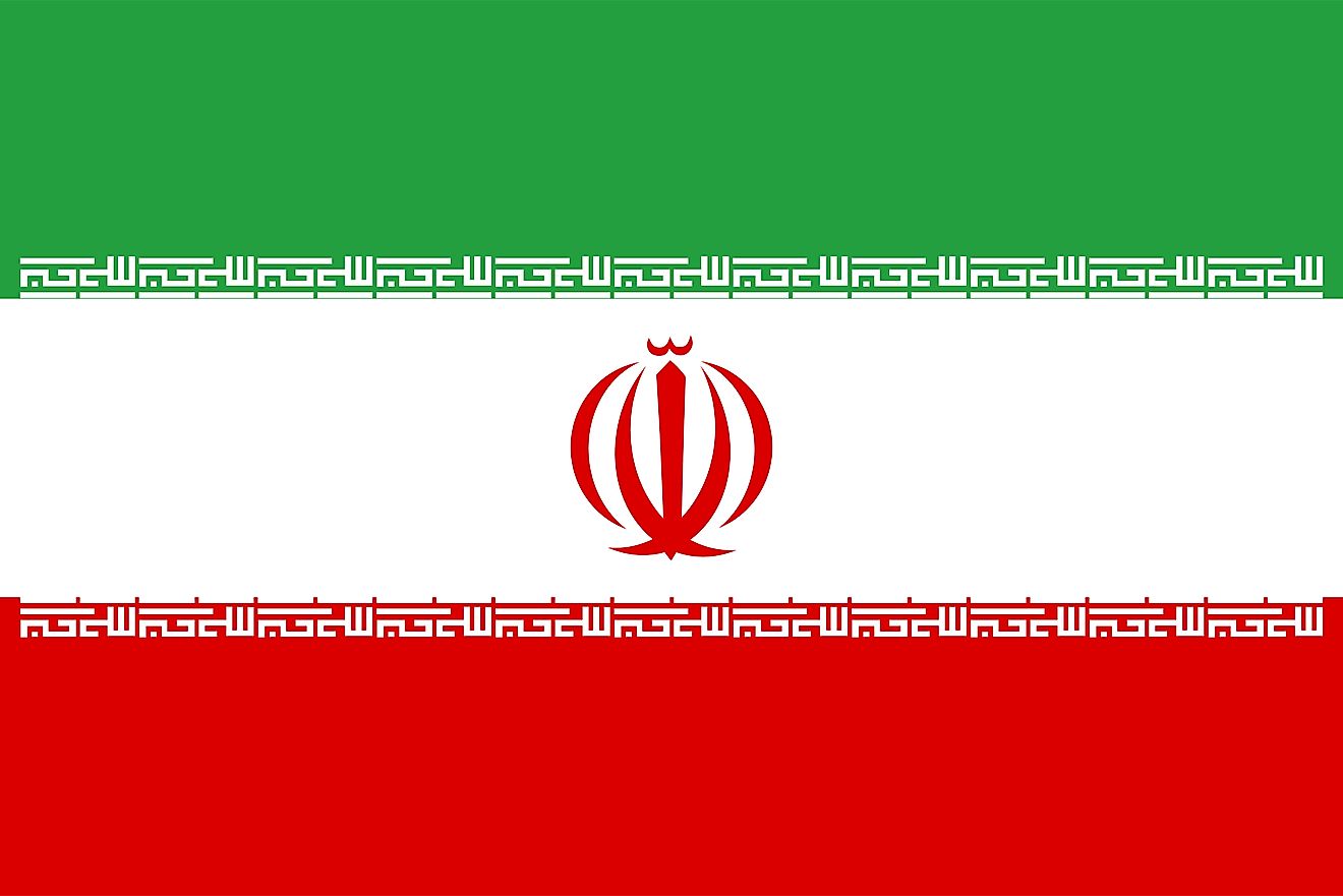 The national flag of Iran is a tricolor flag of green (top), white, and red equal horizontal bands, with coat of arm centered on white.