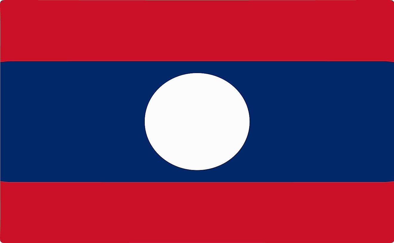 The flag of Laos consist of two equal red horizontal bands (top and bottom) and a large blue band with white disc in the middle