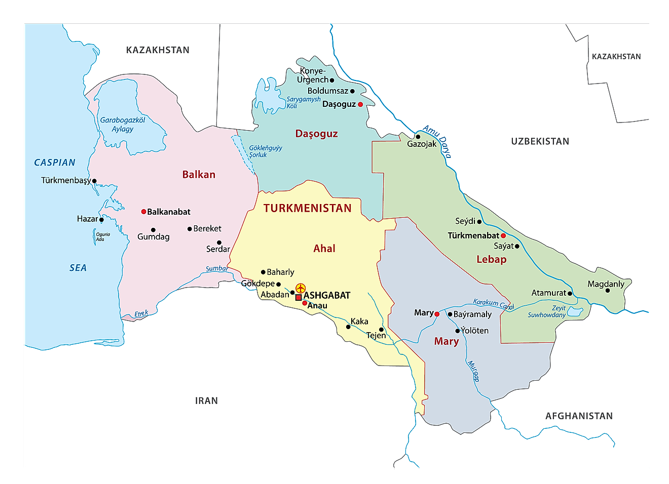 Regions of Turkmenistan Map The political map of Turkmenistan showing its 5 administrative regions and capital city district.