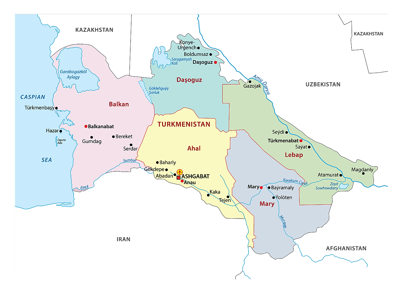 The political map of Turkmenistan showing its 5 administrative regions and capital city district.