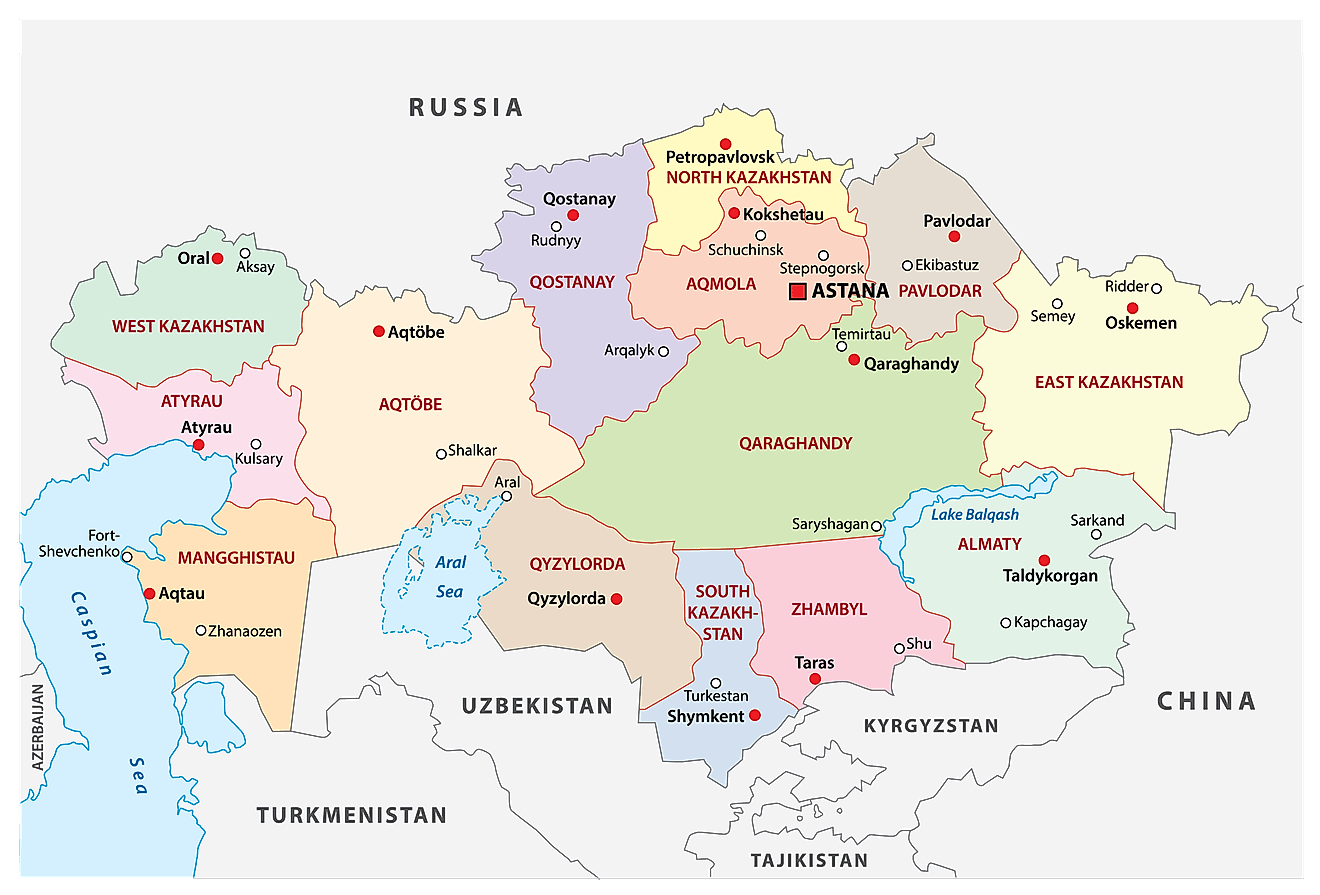 Regions of Kazakhstan Map Political Map of Kazakhstan showing the 14 administrative regions and 4 cities and the capital city of Nur Sultan (known as Astana between 1998 and 2019)