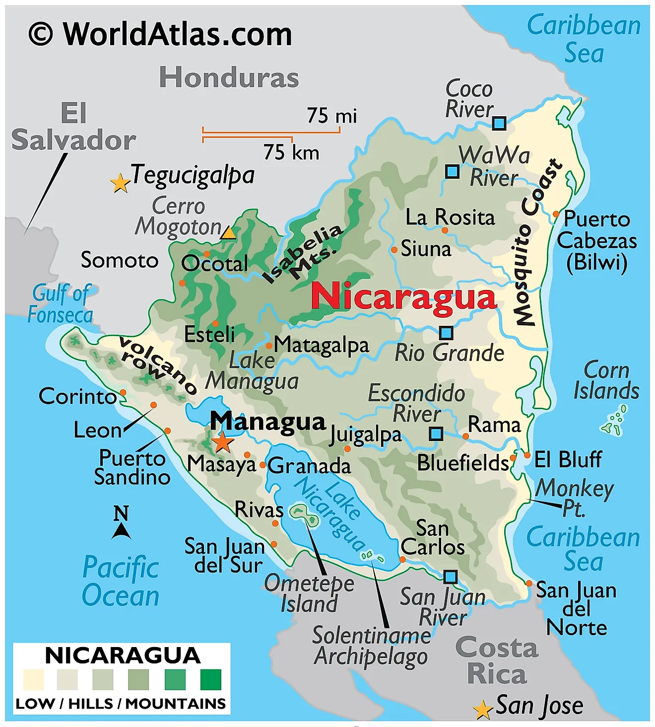 Physical Map of Nicaragua Physical Map of Nicaragua showing terrain, mountains, extreme points, Mosquito coast, volcanoes, rivers, lakes, major cities, international boundaries, etc.
