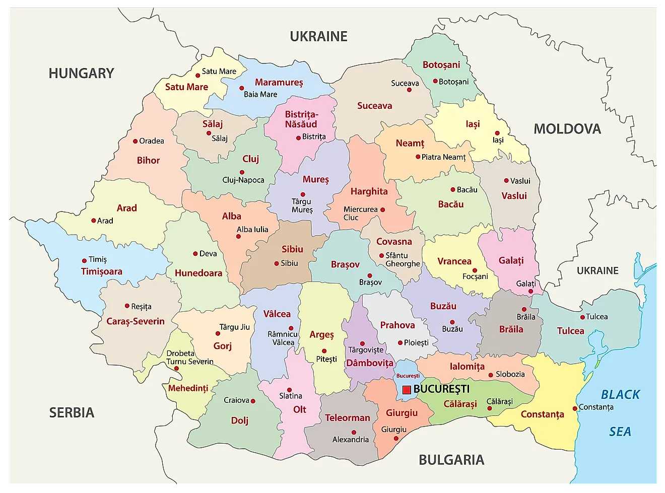 Political Map of Romania showing 41 counties and 1 municipality and the capital city of Bucharest.