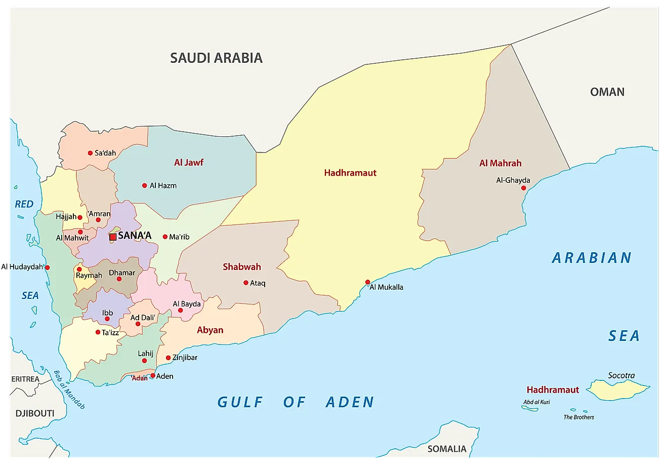Governorates and Districts of Yemen Map The Political Map of Yemen showing its 22 governorates, their capitals, and the capital city of Sana´a.