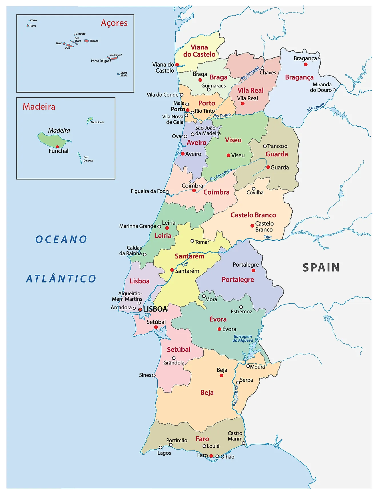 Districts of Portugal Map Political Map of Portugal showing the 18 districts and 2 autonomous regions and the capital city of Lisbon