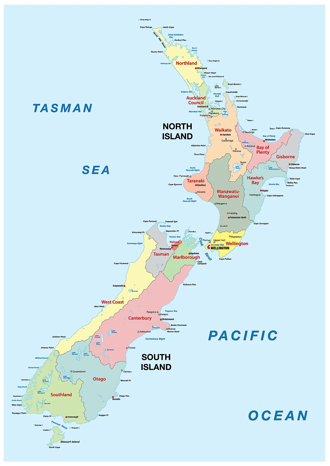 Political Map of New Zealand showing its 16 regions and 1 territorial authority and the capital city of Wellington