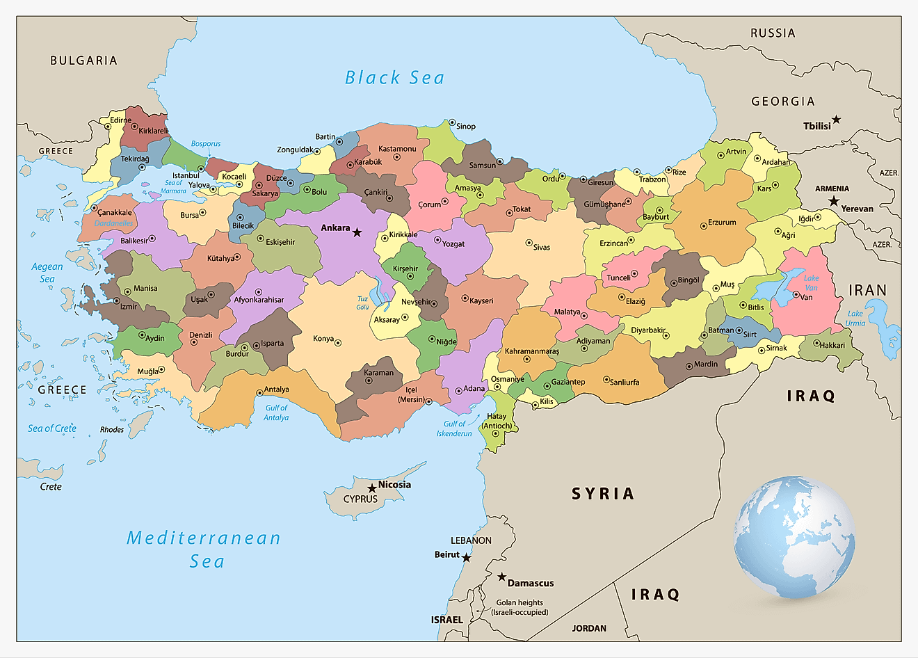 Provinces of Turkey Map Political Map of Turkey displaying the 81 provinces of Turkey and the capital city of Ankara.