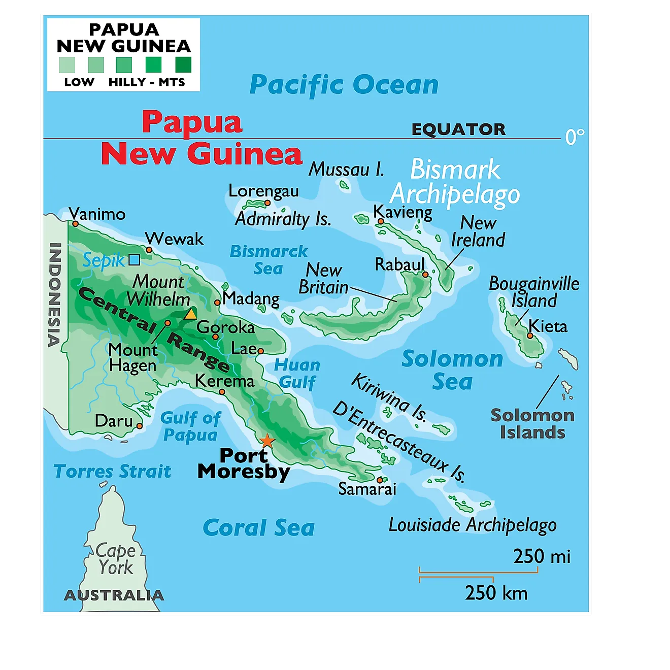 Physical Map of Papua New Guinea Physical Map of Papua New Guinea showing relief, mountains, major islands, surrounding seas and gulfs, and more.