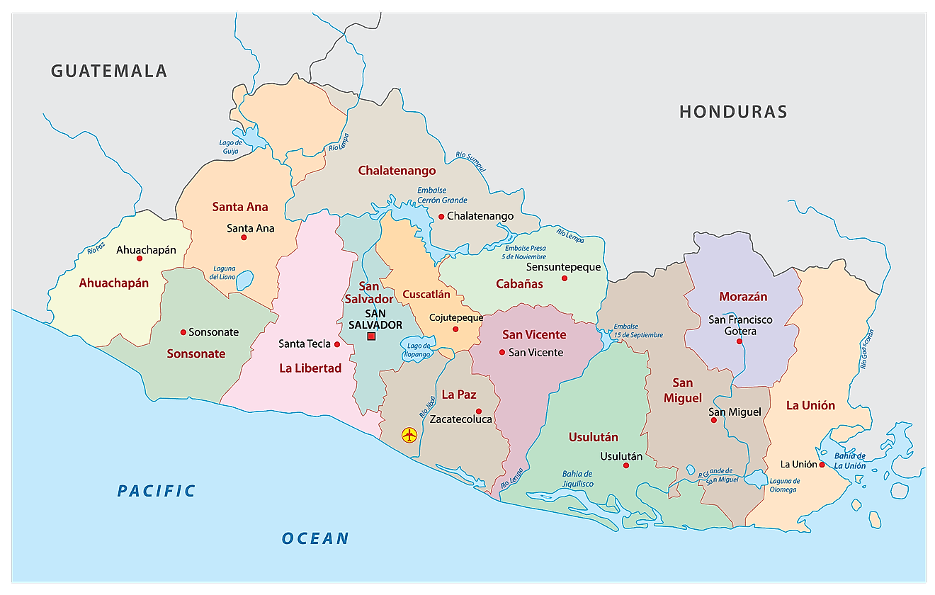 Political Map of El Salvador Political Map of El Salvador showing its 14 departments and the capital San Salvador