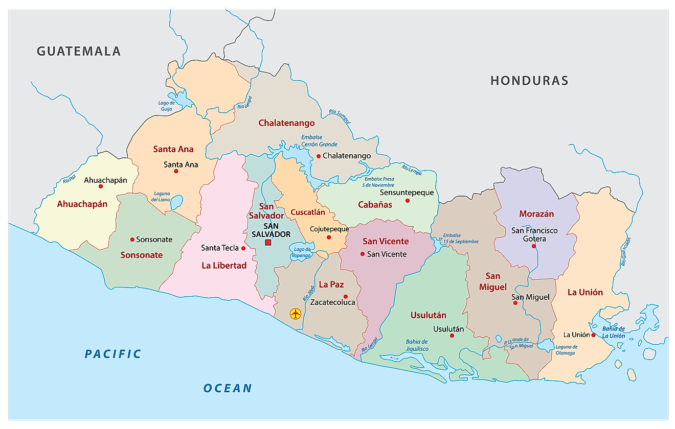 Political Map of El Salvador showing its 14 departments and the capital San Salvador