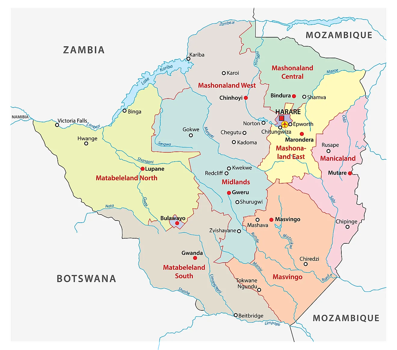 Provinces of Zimbabwe Map  The political map of Zimbabwe displaying its 8 provinces with their capitals and 2 cities with provincial status.