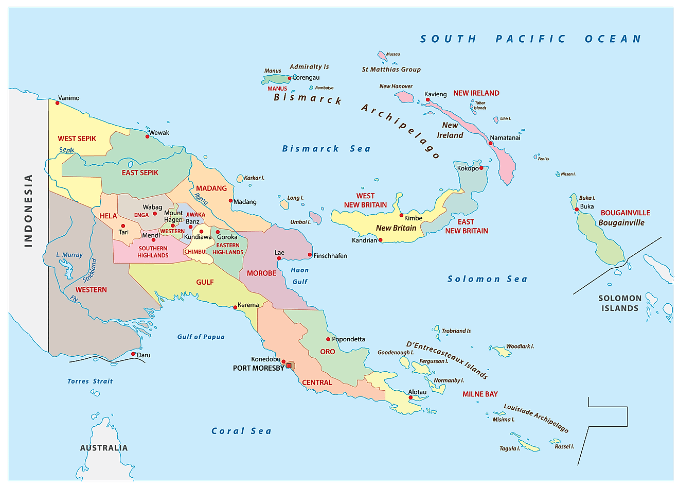 Provinces of Papua New Guinea Map Political Map of Papua New Guinea showing its 20 provinces, autonomous region and Port Moresby the national capital