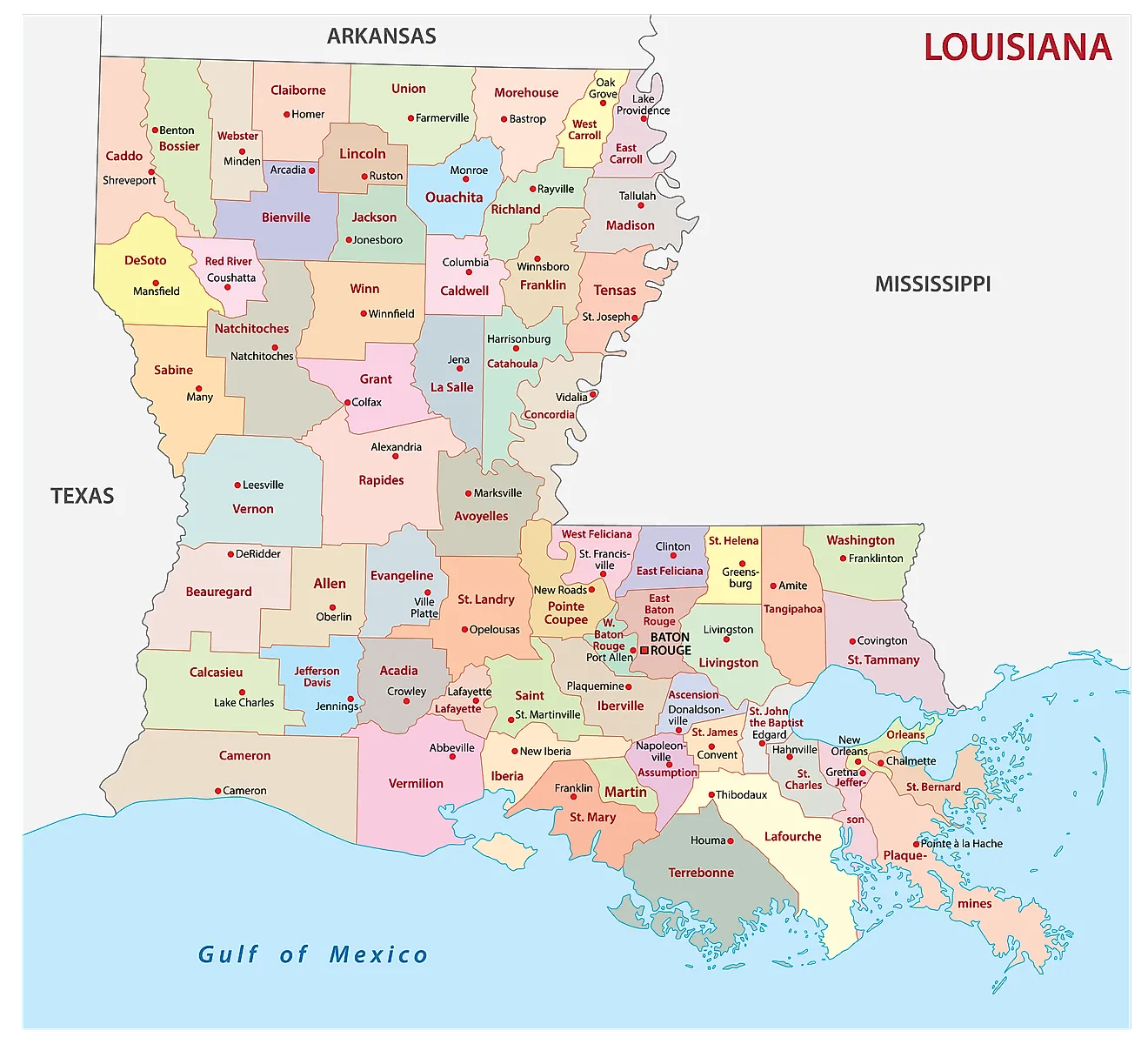 Counties Map Administrative Map of Louisiana showing its 64 parishes and the capital city - Baton Rouge