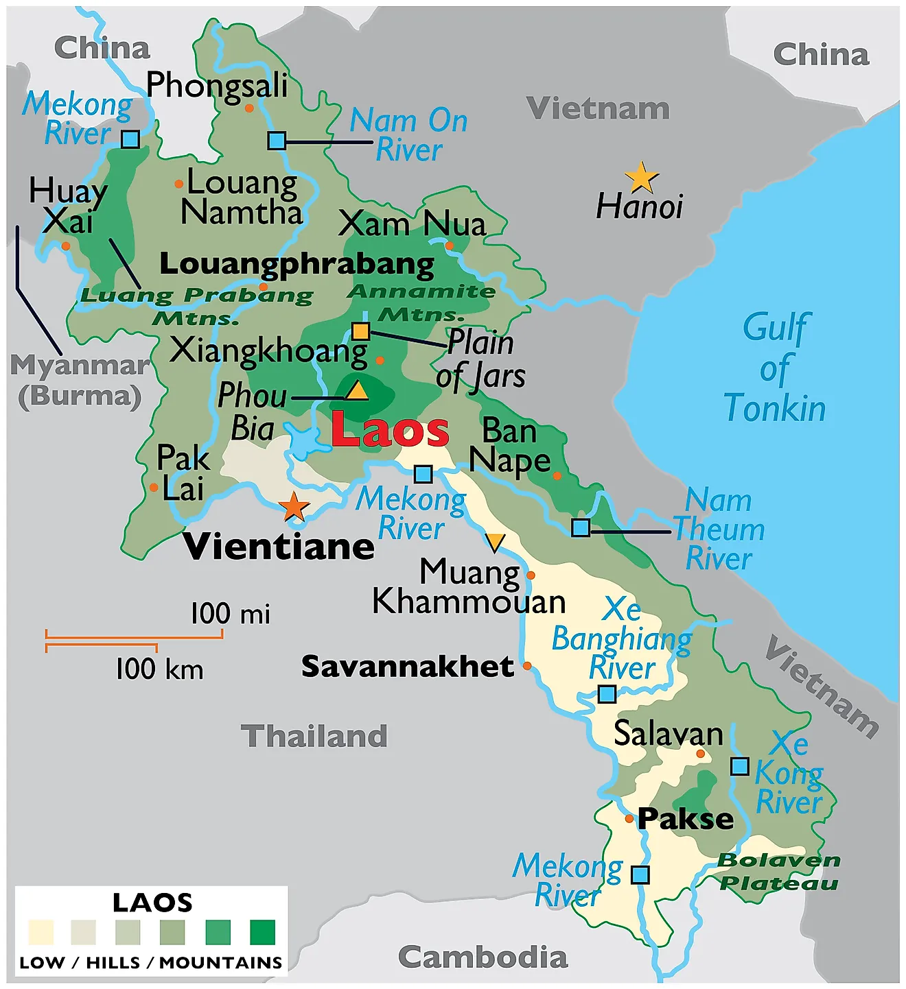 Physical Map of Lao People's Democratic Republic Physical Map of Laos showing international boundaries, relief, highest point, important cities, important rivers, etc.