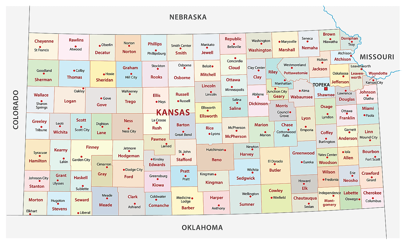 Counties Map Administrative Map of Kansas showing its 105 counties and the capital city - Topeka
