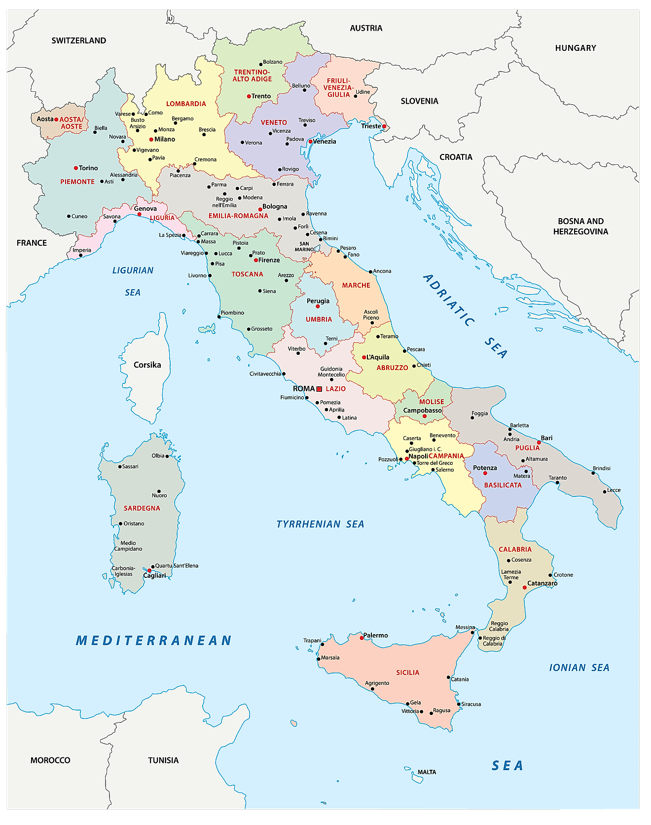 Regions of Italy Map Political Map of Italy showing its 15 regions and 5 autonomous regions and the capital city of Rome.