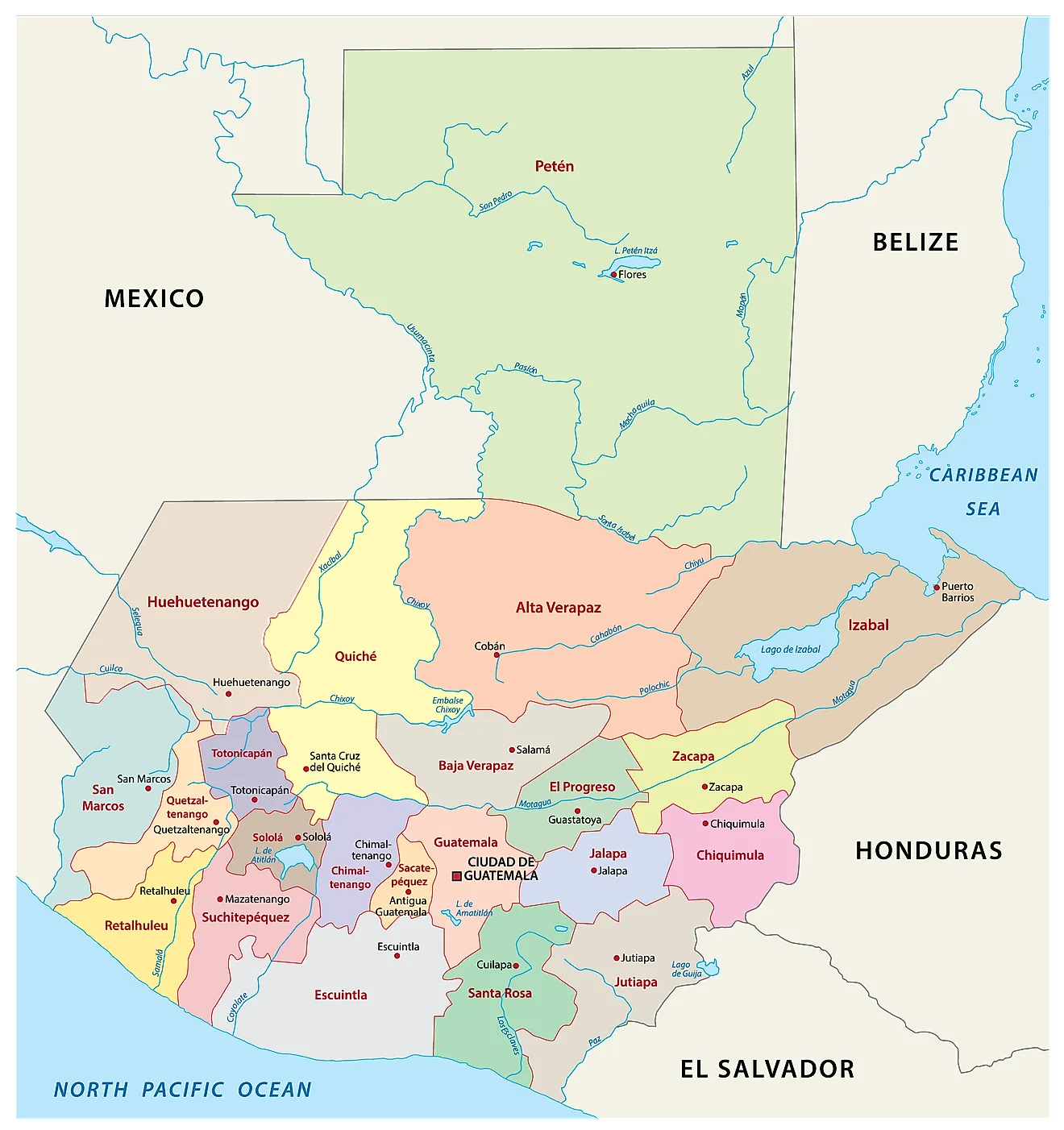 Departments of Guatemala Map Political Map of Guatemala showing its 22 departments and the capital Guatemala City
