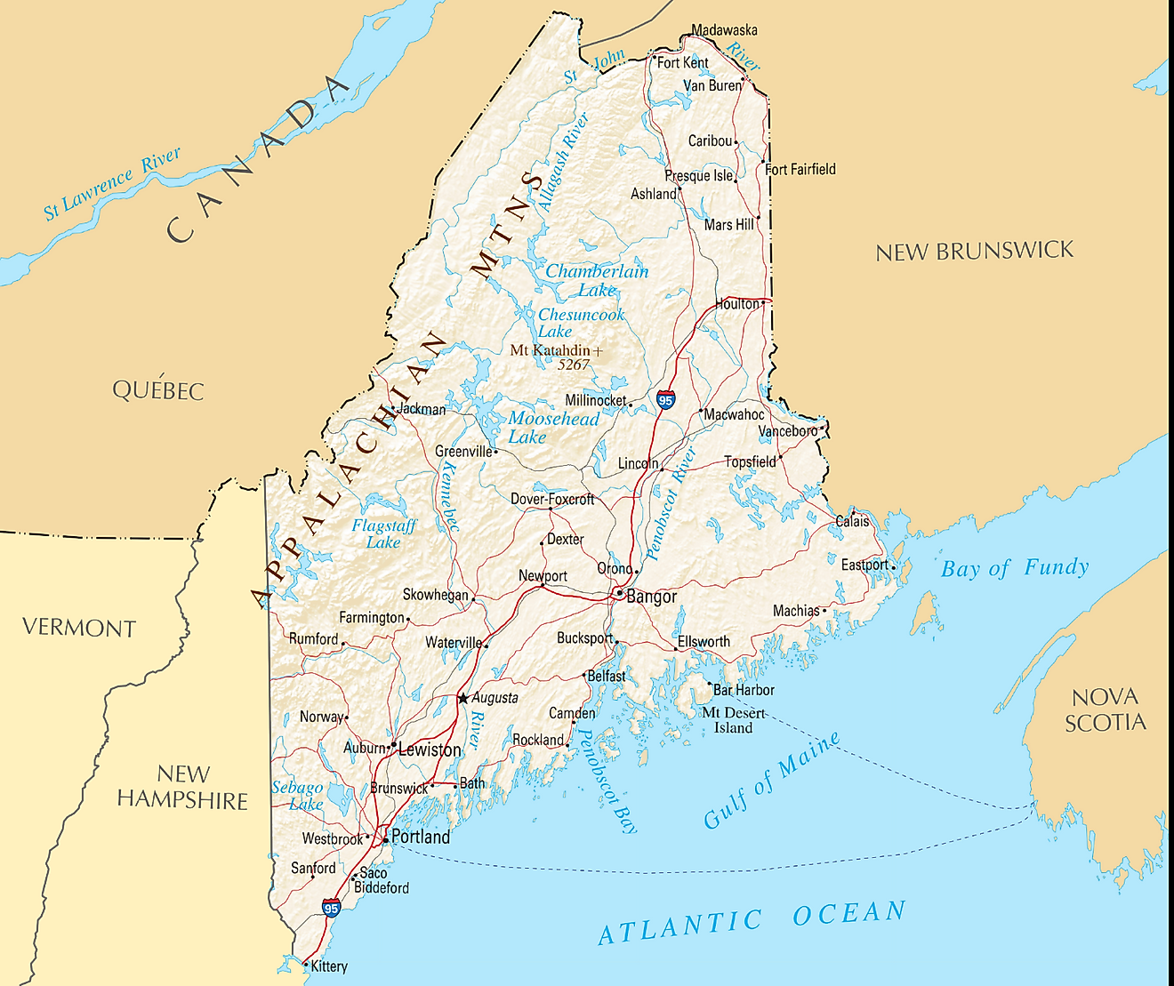 The US State of Maine Shares Its Borders With The US State of New Hampshire and The Canadian Provinces Of Quebec And New Brunswick.