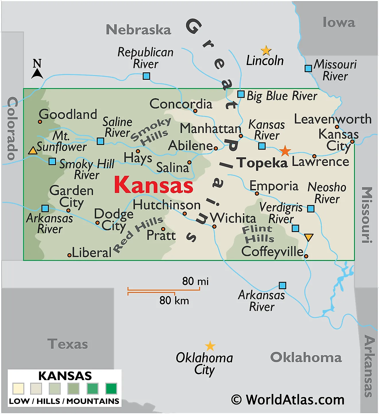 Physical Map of Kansas Physical Map of Kansas. It shows the physical features of Kansas including its mountain ranges and rivers.