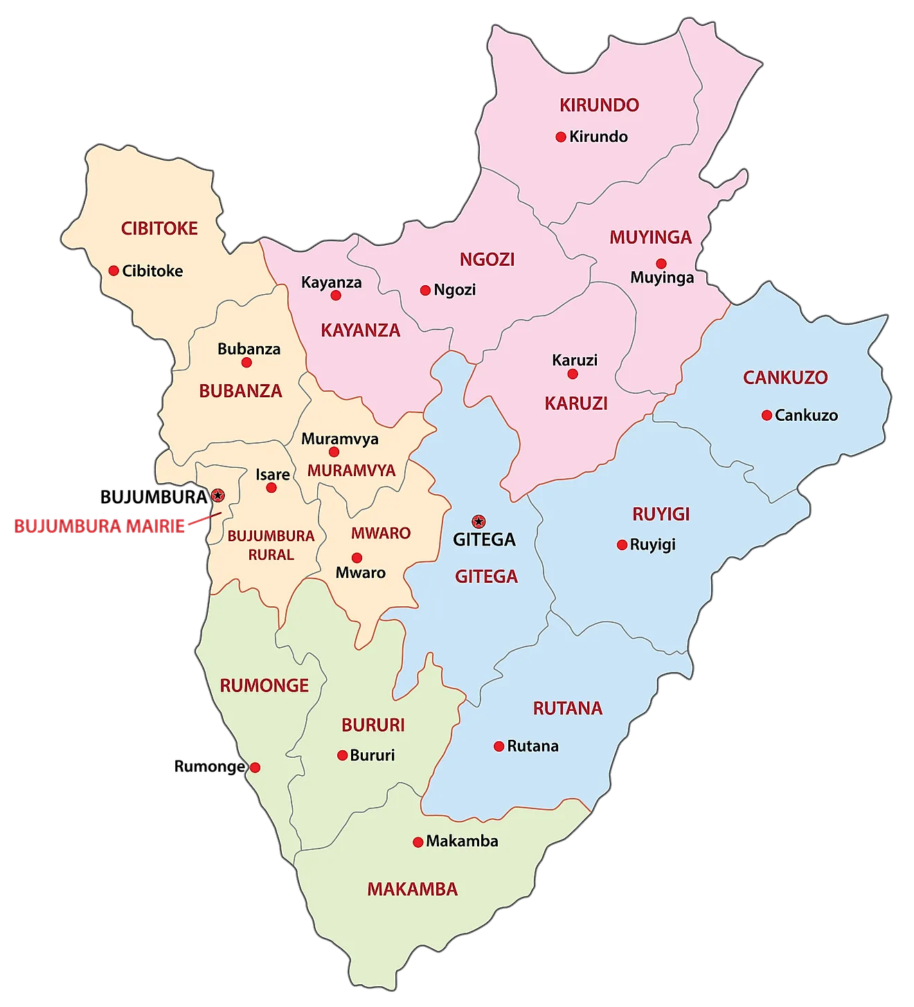 Provinces of Burundi Map Political map of Burundi displaying its 18 provinces, their capital cities, and the national capital of Gitega.