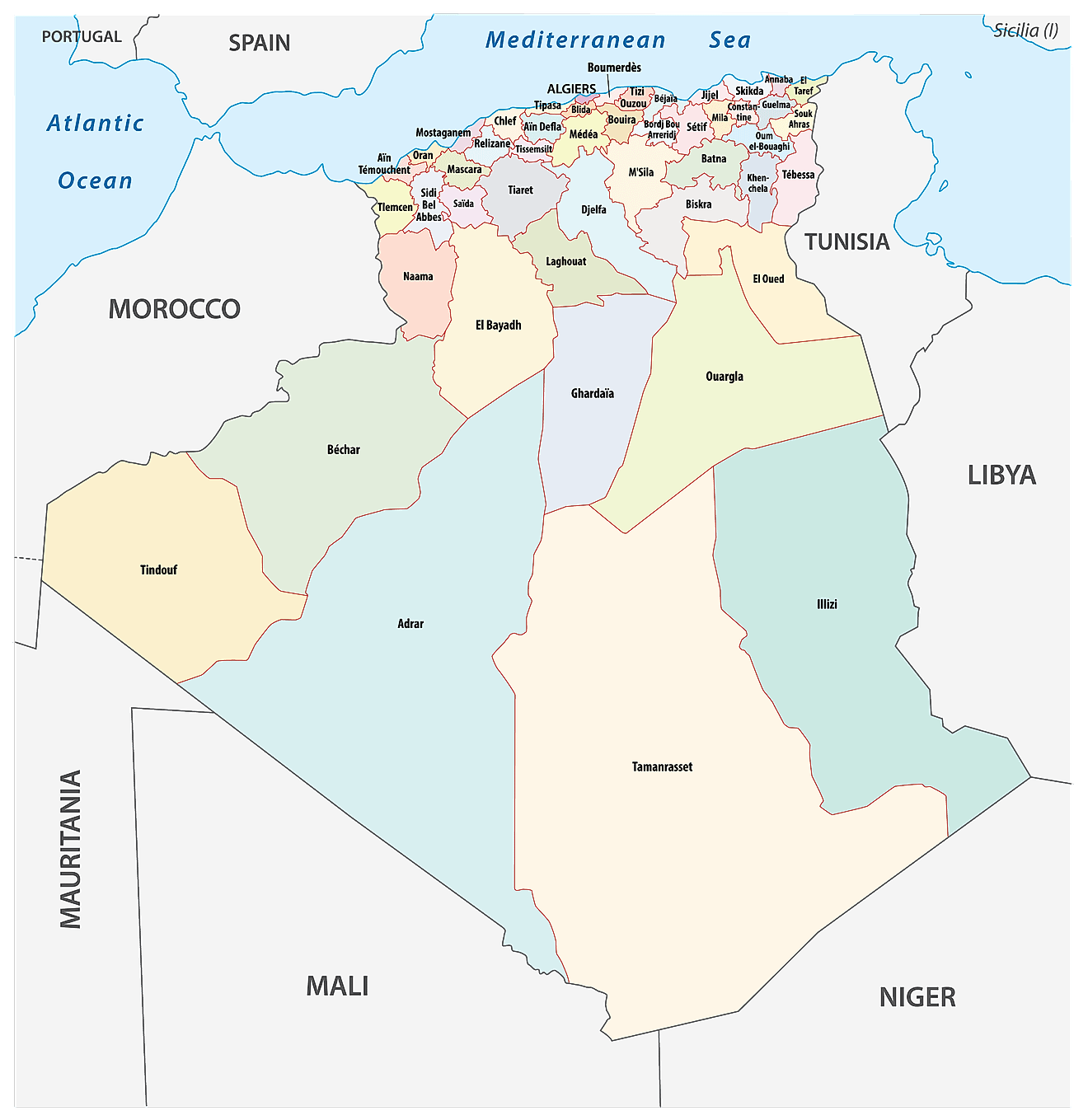 Provinces Map of Algeria Political map of Algeria showing 58 provinces.