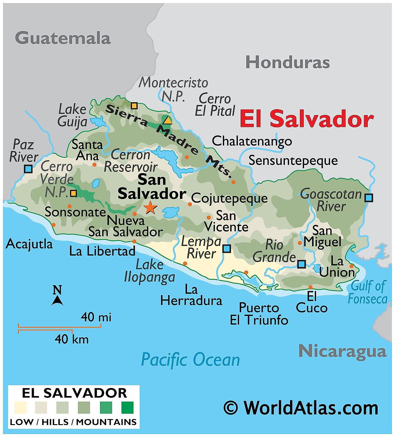 Physical Map of El Salvador Physical Map of El Salvador showing relief, major rivers and mountain ranges, important settlements, bordering countries, etc.