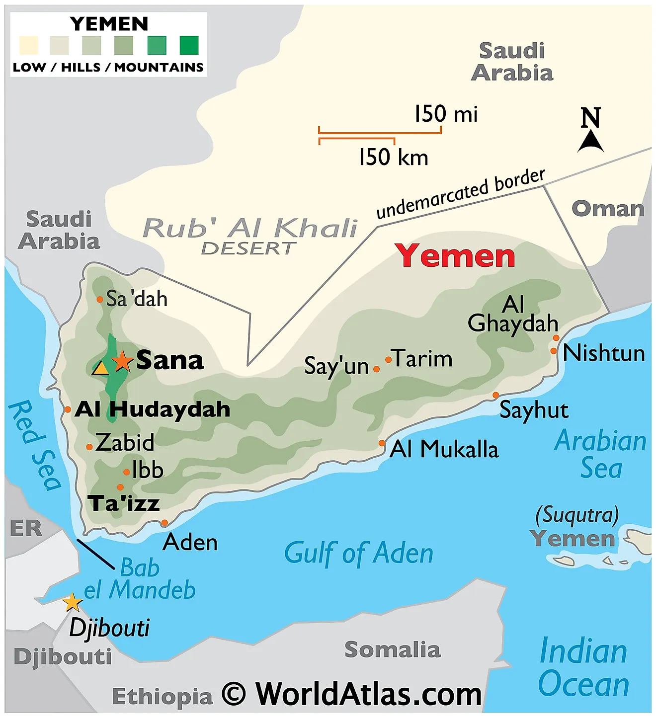Physical Map of Yemen The Physical Map of Yemen displaying state boundaries, relief, islands, highest point, important cities, etc.