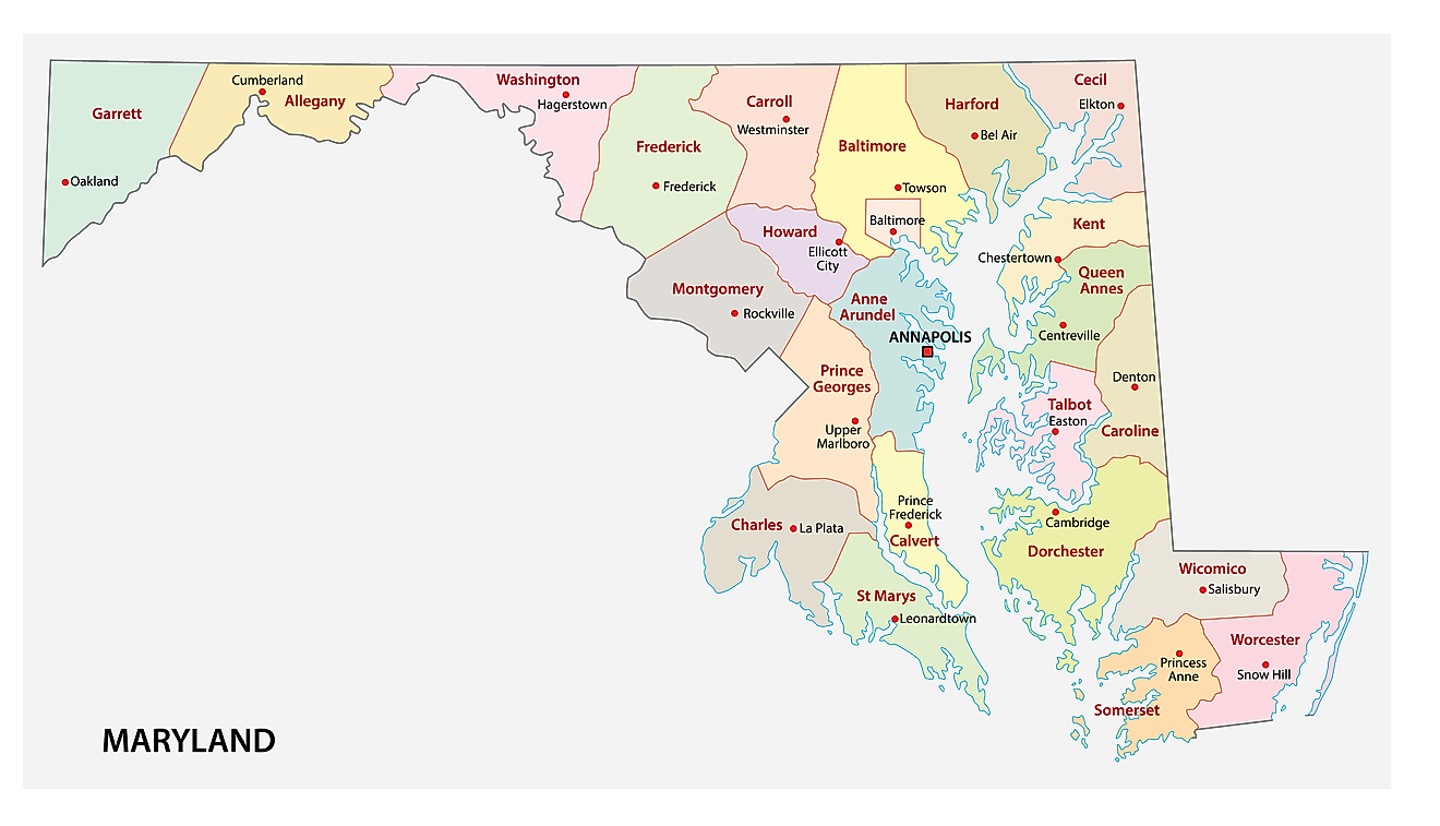 Counties Map Administrative Map of Maryland showing its 24 counties and the capital city - Annapolis