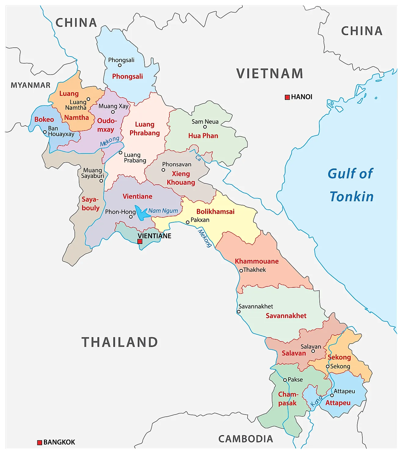 Provinces of Laos Map Location Map of Laos showing the 17 provinces, their capitals, and the national capital of Vientiane.