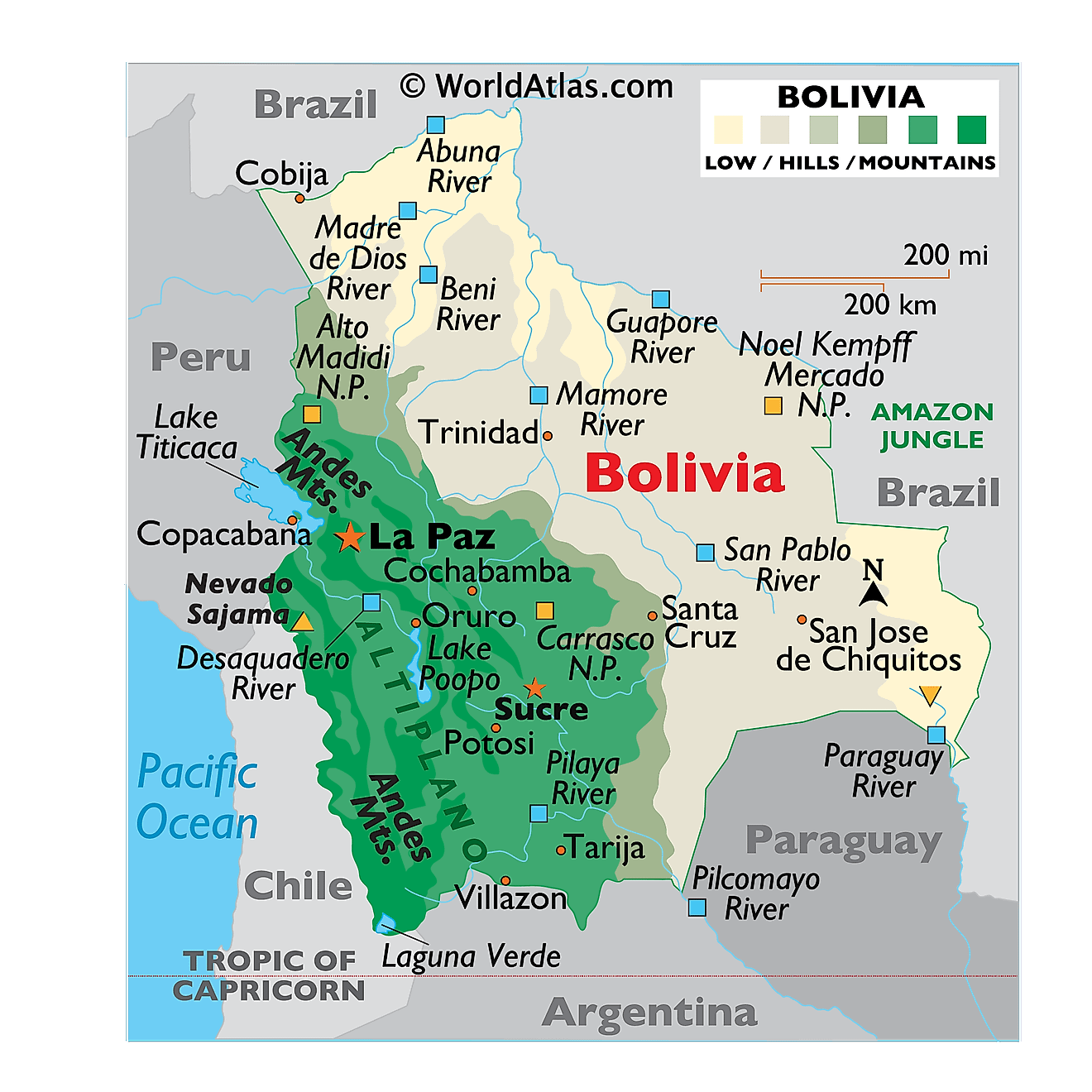Physical Map of Bolivia Physical Map of Bolivia showing relief, rivers, mountains ranges, major lakes, important cities, bordering countries, and more.