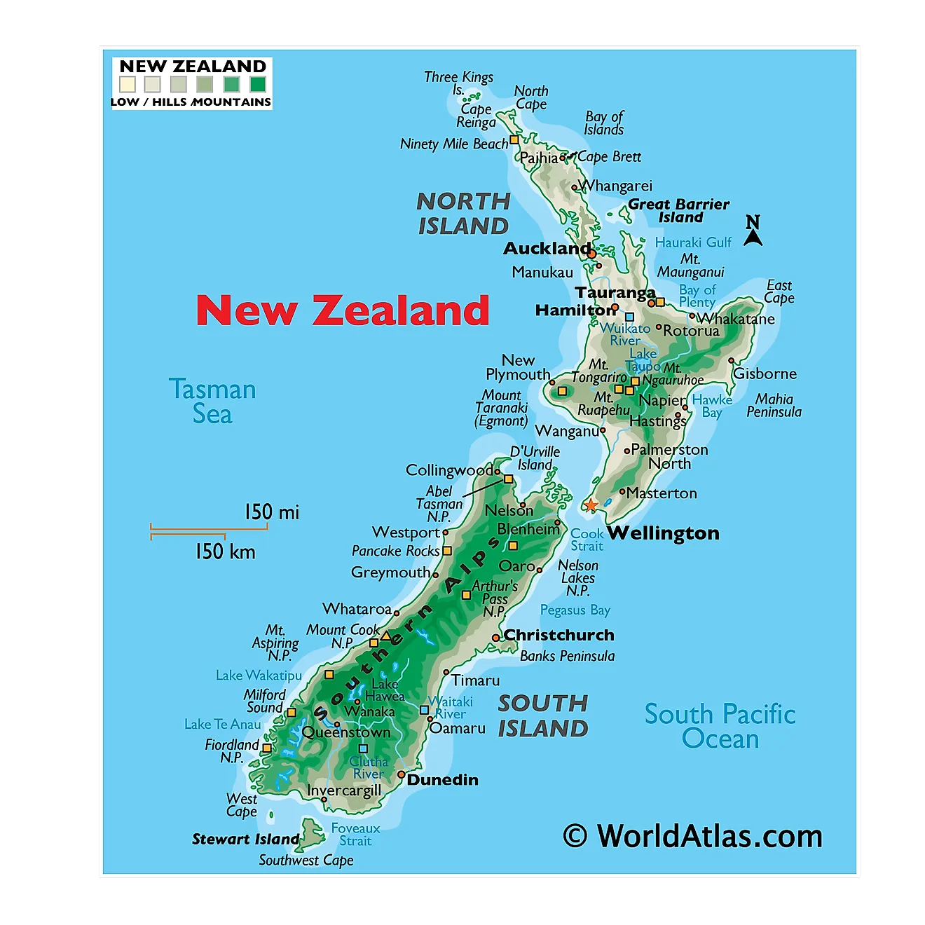 Physical Map of New Zealand Physical Map of New Zealand showing relief, mountains, major islands, capes, national parks, rivers, important cities, and more.