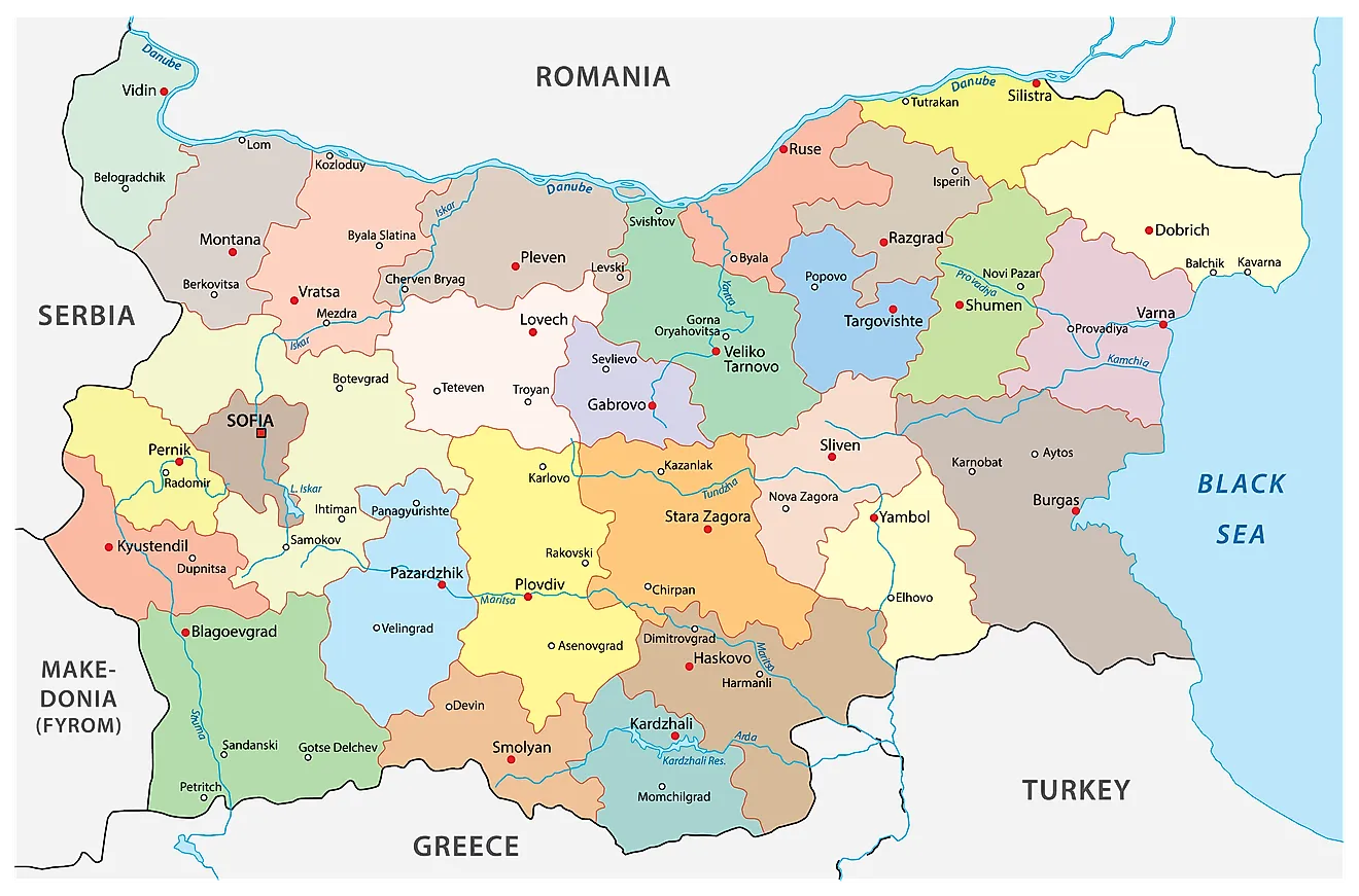 Political Map of Bulgaria showing its 28 provinces and the capital city of Sofia