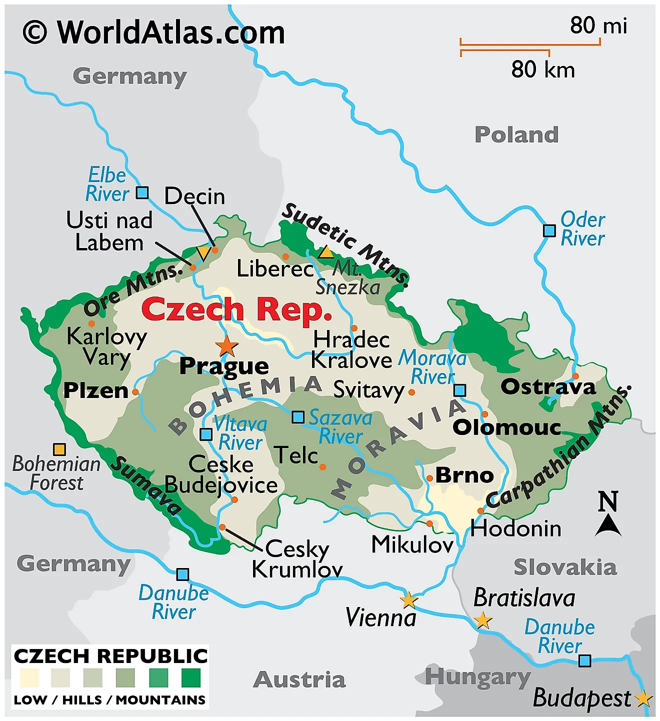 Physical Map of Czech Republic Physical Map of the Czech Republic showing terrain, major rivers, extreme points, important cities, international boundaries, etc.