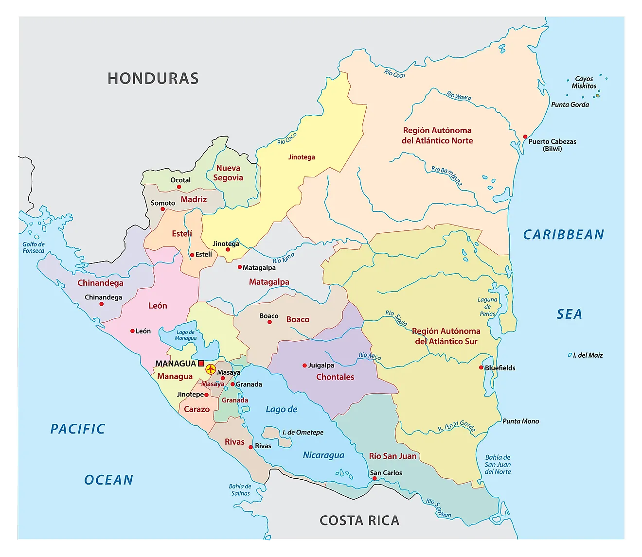 Political Map of Nicaragua Political Map of Nicaragua showing its 15 departments and 2 autonomous regions and the capital city Managua.