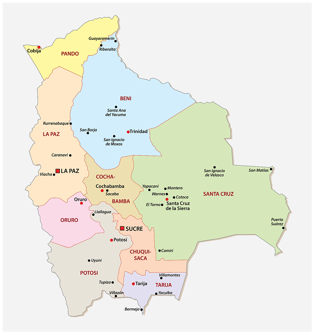 Departments of Bolivia Map Political Map of Bolivia showing its 9 departments and the capital cities of Sucre and La Paz