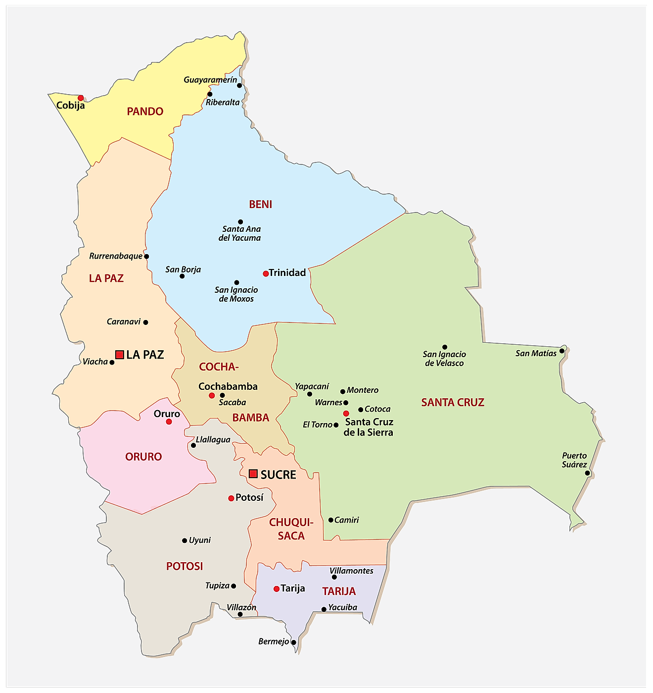 Political Map of Bolivia showing its 9 departments and the capital cities of Sucre and La Paz