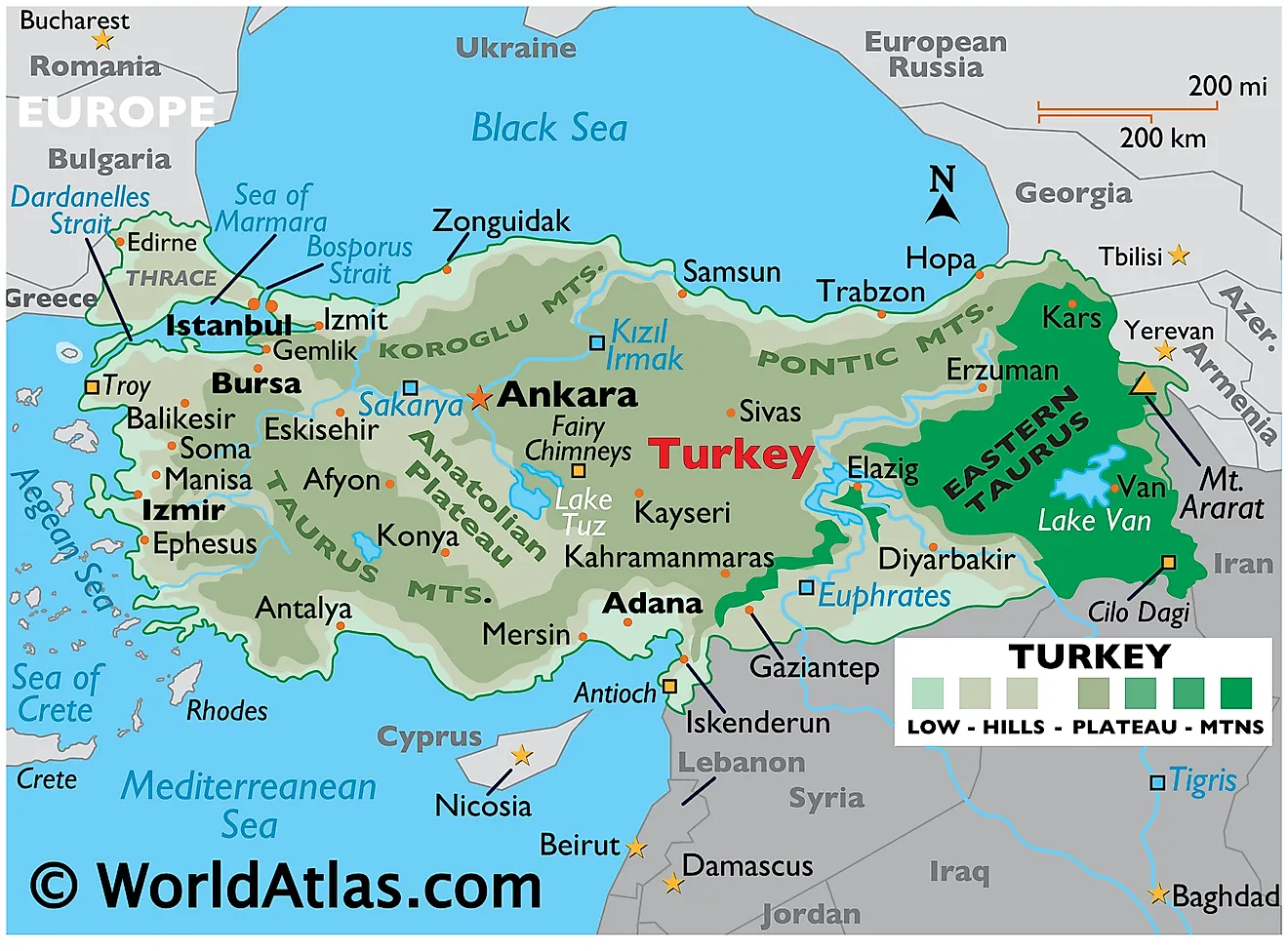 Physical Map of Turkey Phyiscal Map of Turkey with state boundaries, relief, major mountain ranges, rivers, lakes, important cities, and more.