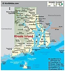 Physical Map of Rhode Island. It shows the physical features of Rhode Island including its mountain ranges, rivers and major islands. 