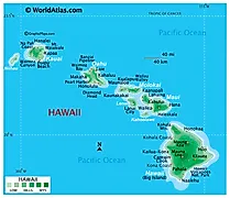 Physical Map of Hawaii. It shows the physical features of Hawaii including its islands, mountain ranges and small rivers. 