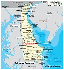 Physical Map of Delaware. It shows the physical features of Delaware including its mountain ranges, coastal plains, major rivers and lakes.