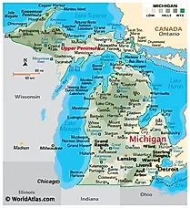 Physical Map of Michigan. It shows the physical features of Michigan including its mountain ranges, rivers and major lakes. 