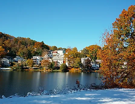 Lakeside houses along the Wachusett Reservoir in Clinton, Massachusetts.