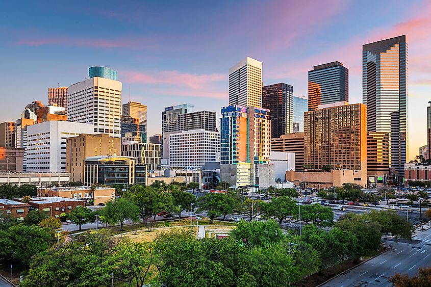 Downtown Houston, Texas skyline and park at twilight