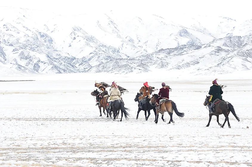 Mongols celebrating the Golden Eagle Festival in Ulgi, Mongolia.