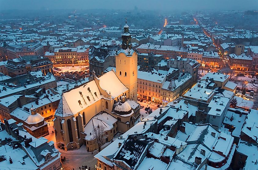 The illuminated Latin Cathedral in Lviv, Ukraine during winter. 