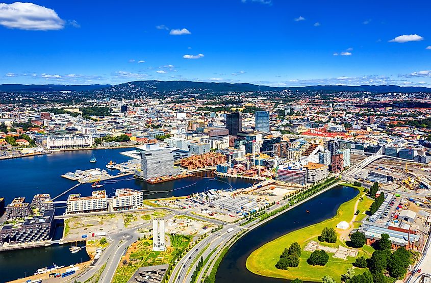 Aerial view of Sentrum area of Oslo, Norway, with Barcode buildings and the river Akerselva.