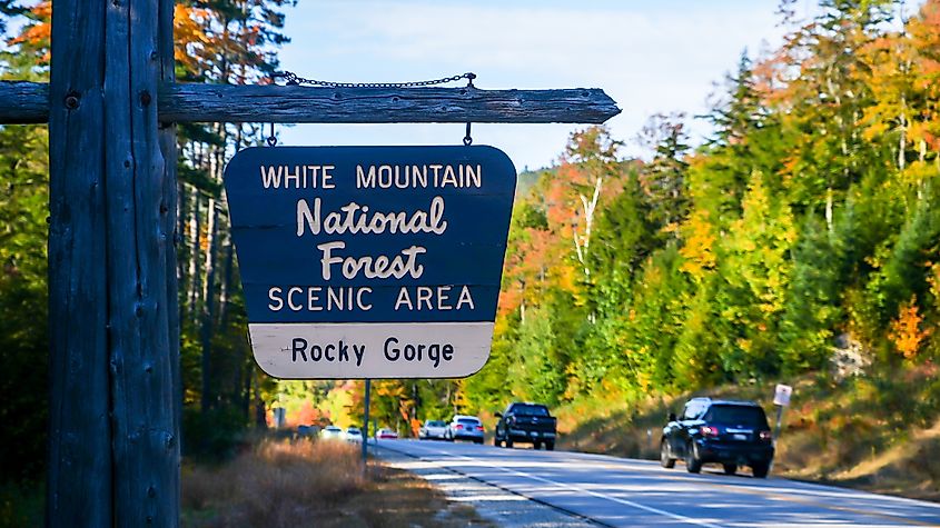 A sign for the Rocky Gorge Scenic Area off the Kancamagus Scenic Highway in New Hampshire.
