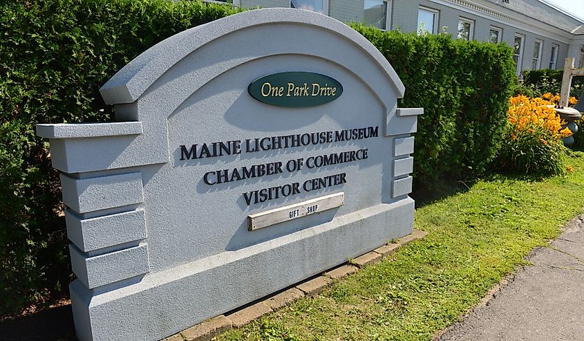 Entrance sign of Maine Lighthouse Museum in downtown Rockland, Maine.