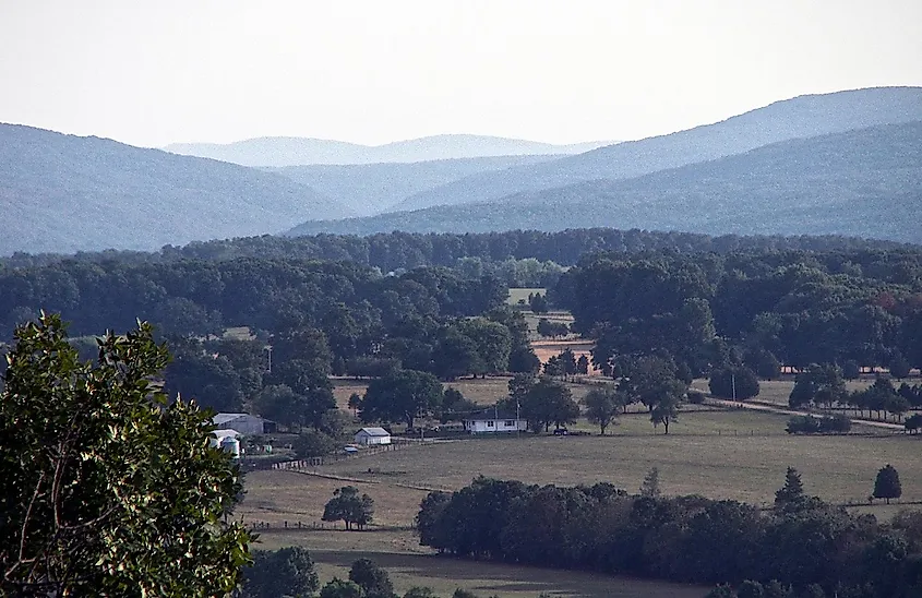 The Saint Francois Mountains, viewed here from Knob Lick Mountain, are the exposed geologic core of the Ozarks.